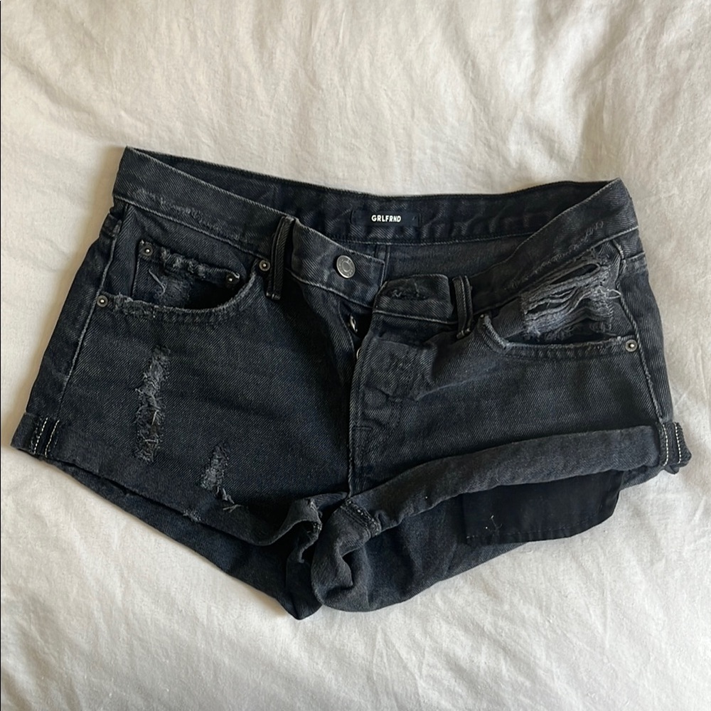 GRLFRND Black Distressed Jean Shorts with Rolled Hem